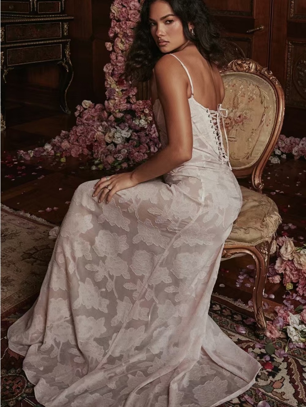 House of CB Seren Blush Sheer Lace-up Back Gown